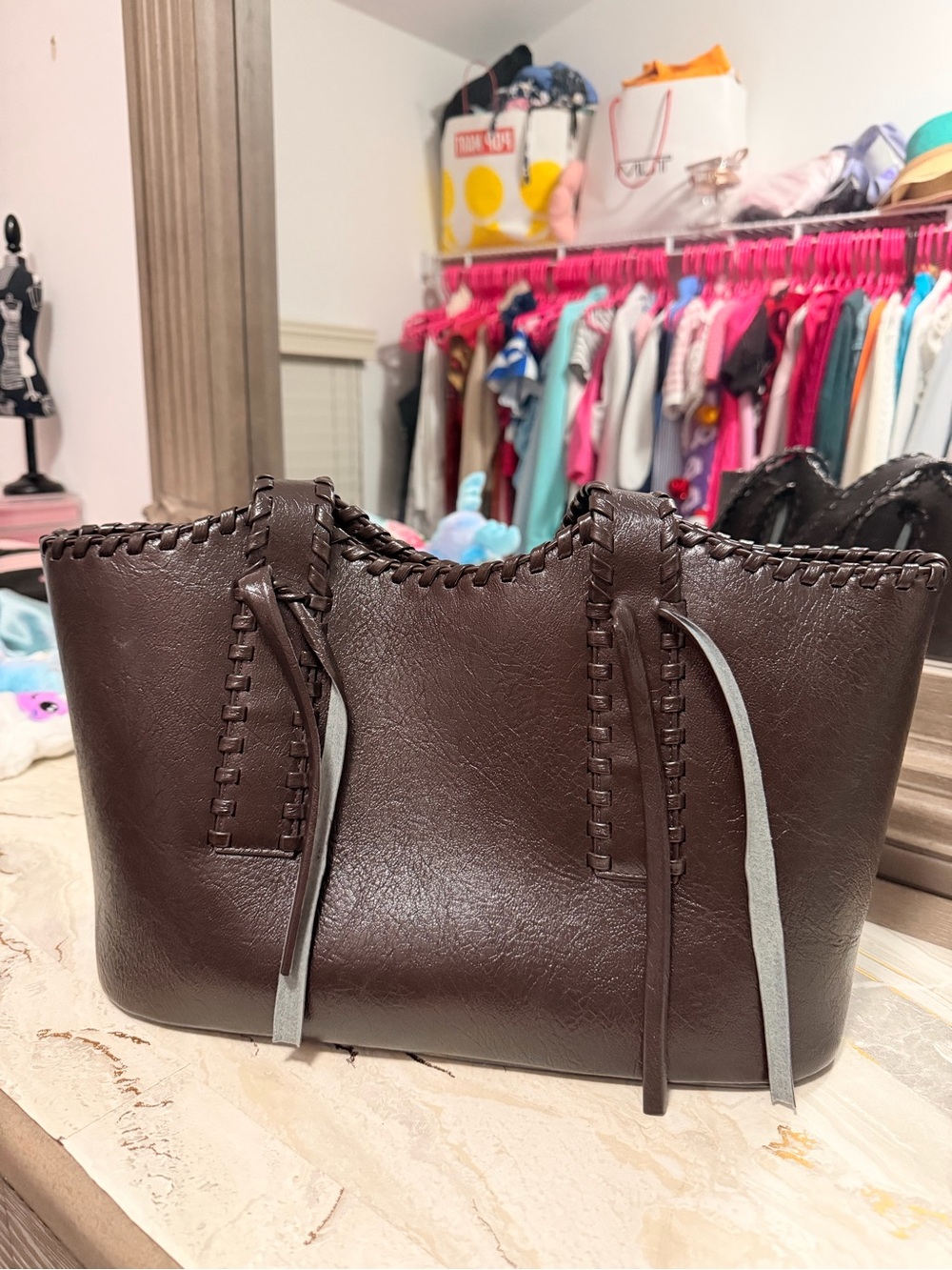 Classic Dark Brown Women's Tote with Whipstitch Trim